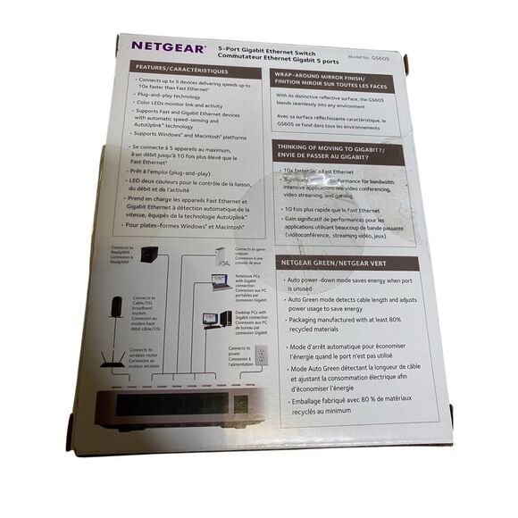 Netgear GS605 5 Port Gigabit Ethernet Switch With Power Adapter Ethernet Cord - Picture 5 of 16